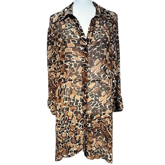 Chico's Silk Animal Print Sheer Tunic Shirt & Tank Boho Set Women XL Brown Black - Picture 2 of 14